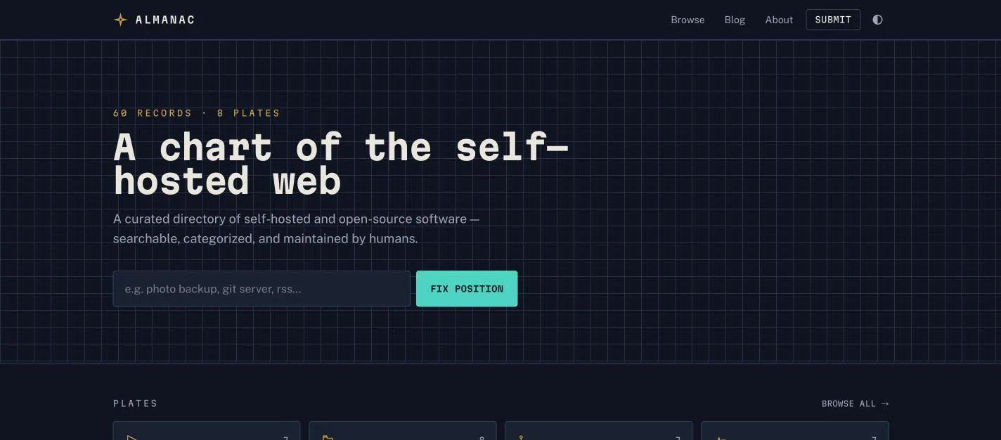 The Almanac demo site: a dark, grid-lined home page with a large monospace headline, a search field, and a row of category cards.