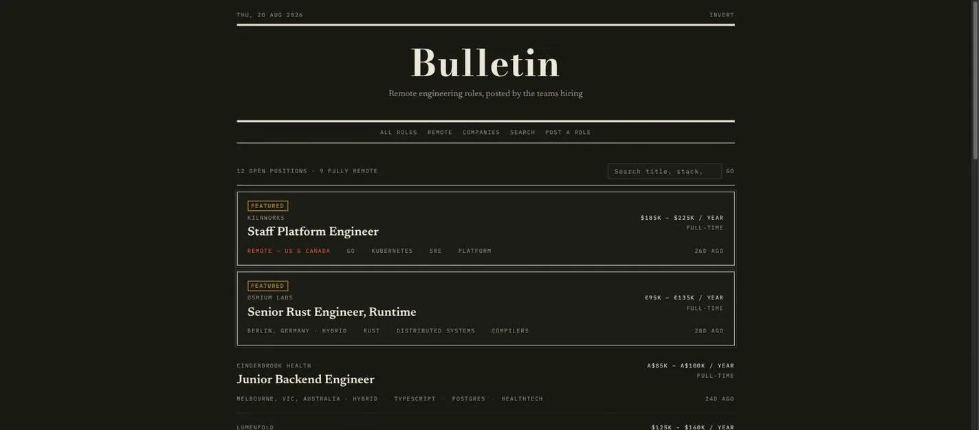 The Bulletin demo site: a warm dark job board with a serif masthead, a row of navigation links, and job cards listing salary ranges, locations and tech stacks.